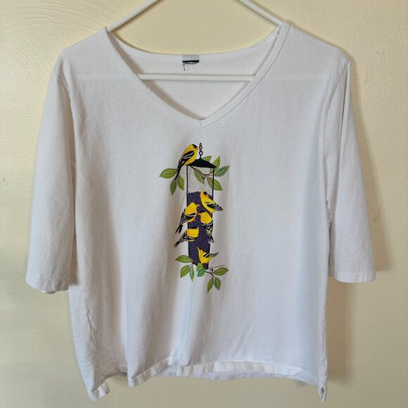 Women's White V-Neck Top With Bird & Leaves Print 3/4 Sleeves - Picture 1 of 9